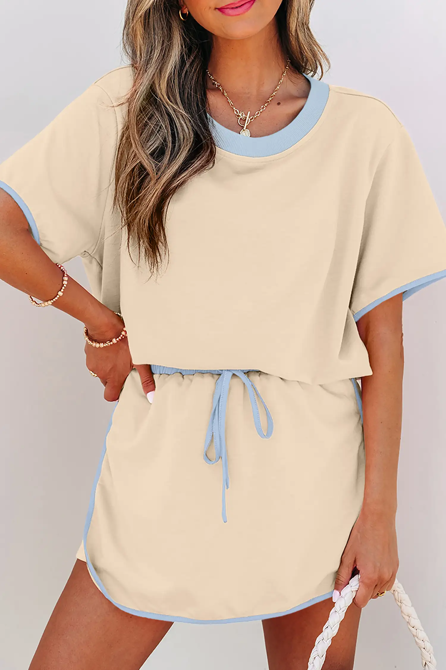 Apricot Colorblock Edge Drop-Shoulder 2-Piece Skort Set
