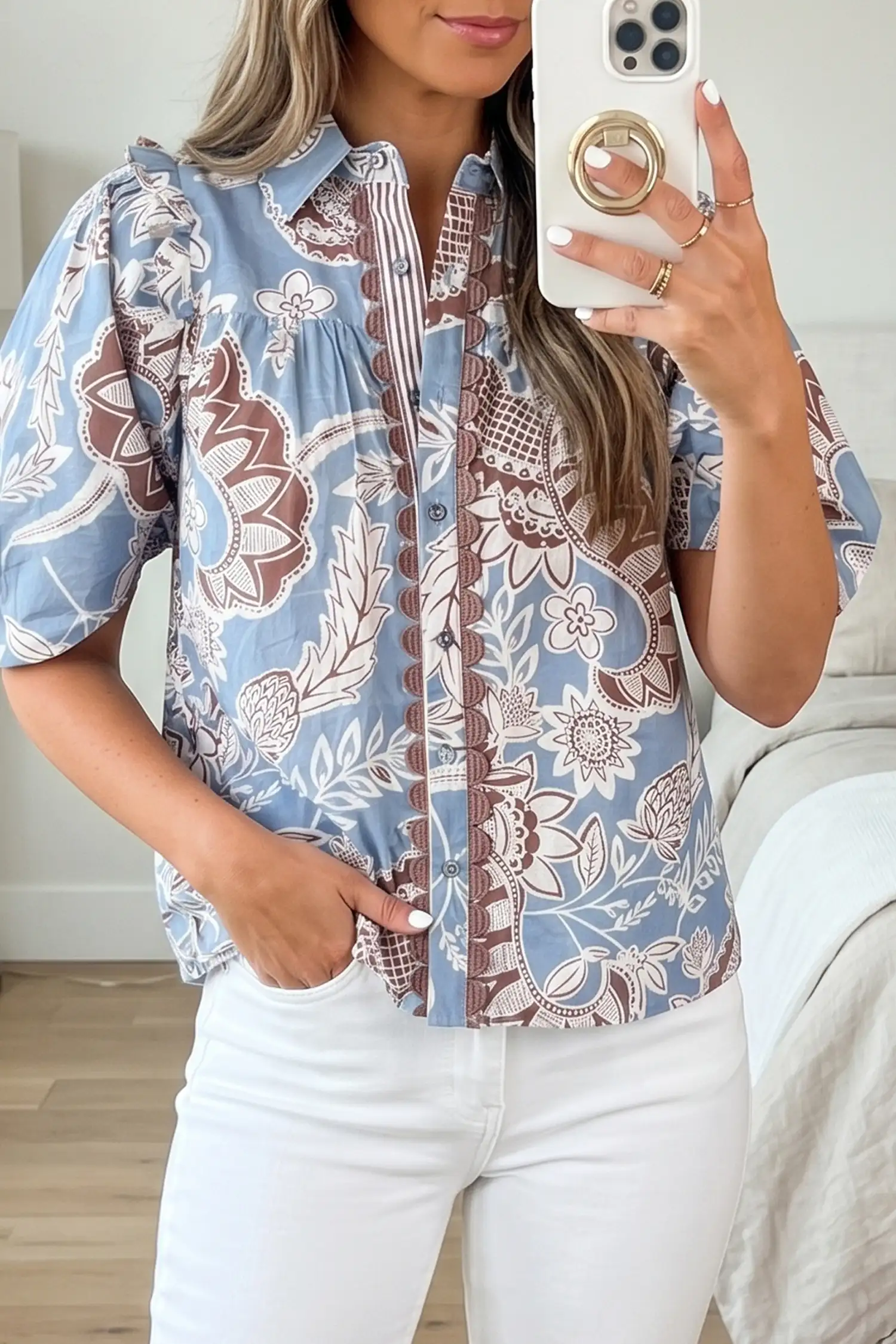 Sky Blue Boho Floral Button-Down Shirt with Scalloped Trim