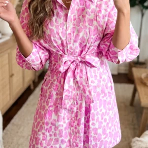 Pink Abstract Leopard Print Puff-Sleeve Mini Shirt Dress with Tie-Waist