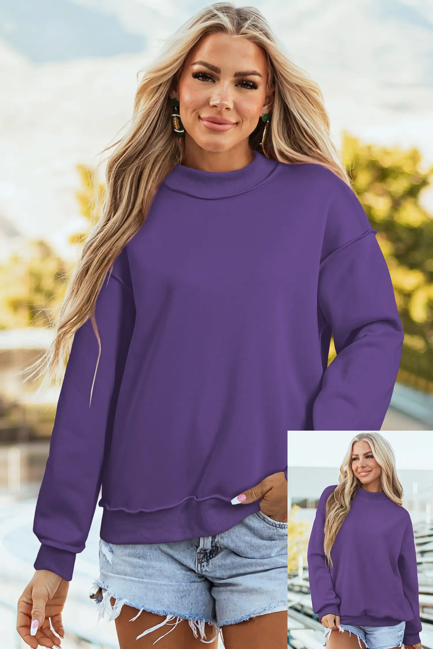Tillandsia Purple Oversize Reversible Sweatshirt with Mock Neck & Drop Shoulder