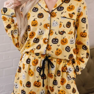 Orange Long Sleeve Ruffle Pumpkin Face Print Two-Piece Lounge Set