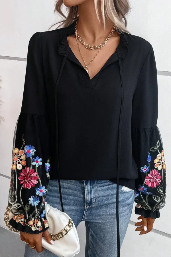 Floral Patched Black Blouse