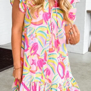 Chic Pink Abstract Floral Mini Dress with Flutter Sleeves and Ruffle V-Neck for Casual Summer Style