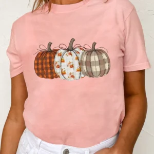 Pink Pumpkin Plaid-Florals Tee | Round Neck, Soft Cotton
