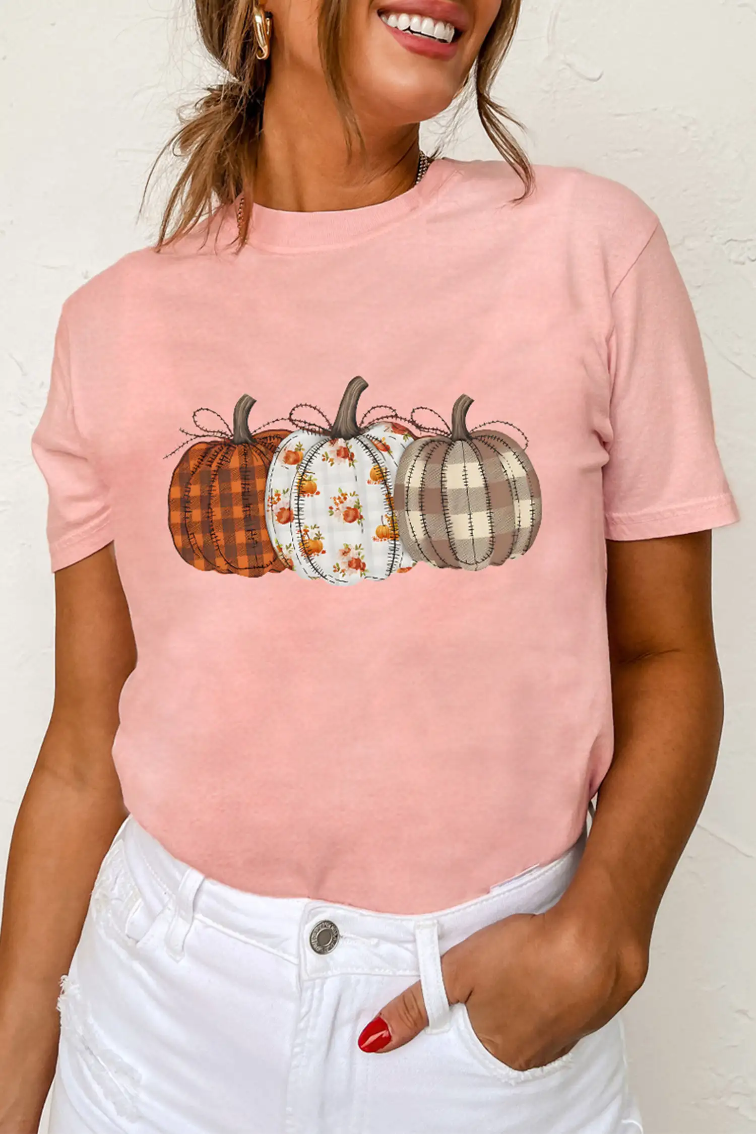 Pink Pumpkin Plaid-Florals Tee | Round Neck, Soft Cotton