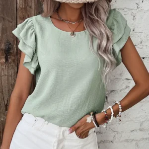 Clearly Aqua Ruffled Solid Color Short Sleeve Blouse