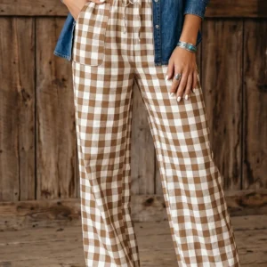 Brown Gingham Plaid Elastic-Waist Shift Pants
