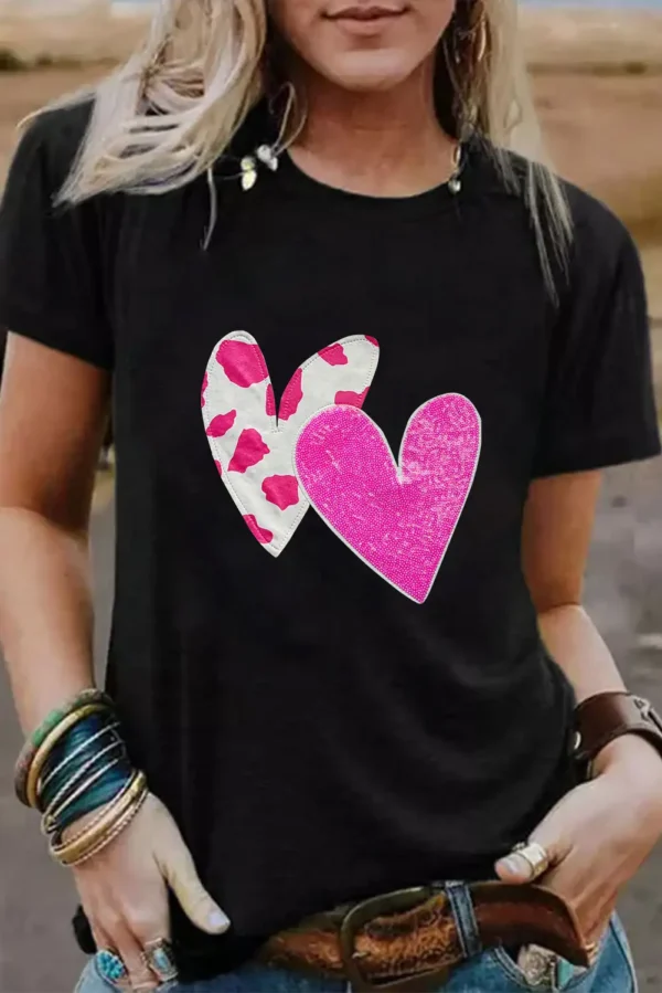 Black Sequin Double Heart Graphic T-shirt