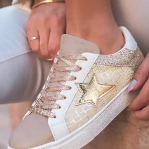 Gold Glitter Star Patchwork PU Leather Lace-Up Sneakers