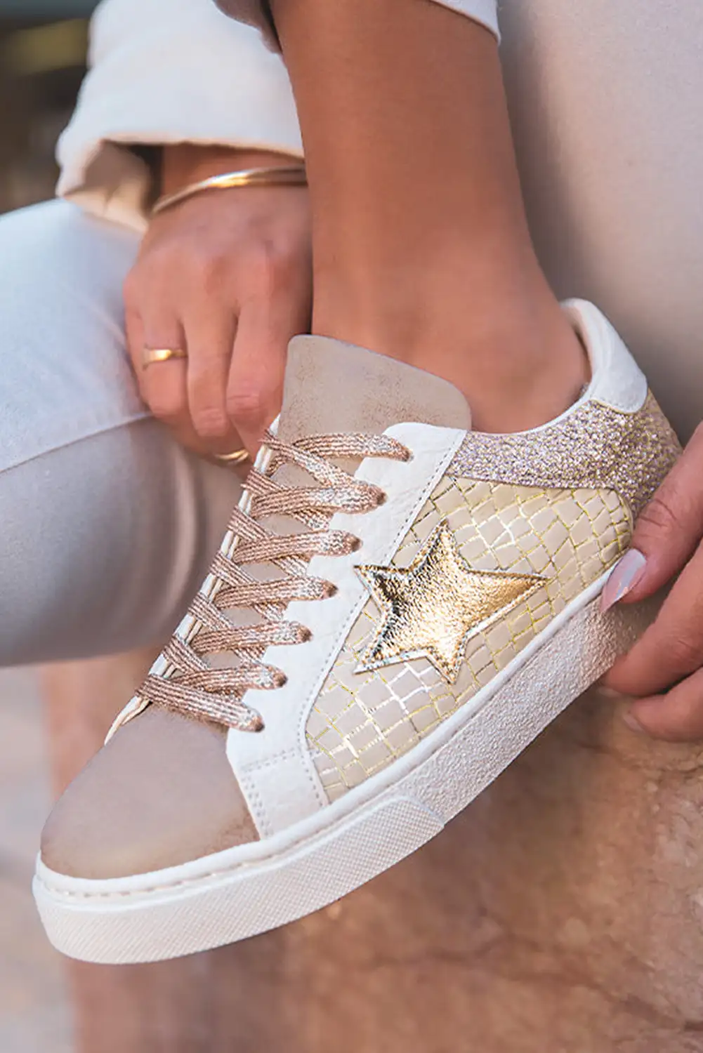 Dearlove Gold Glitter Star Patchwork Lace-Up Sneakers