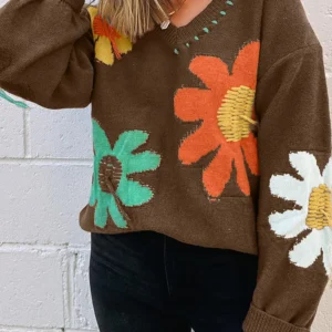 Cozy Big Floral V-neck Sweater with Beautiful Embroidery for Casual Fall and Autumn Style