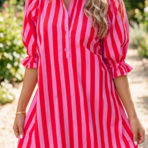 Red Stripe Puff Sleeve Mini Dress with Half-Button Placket