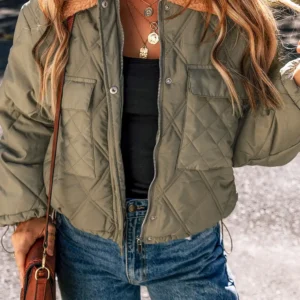 Chic Fresh Green Teddy Collar Quilted Puffer Jacket for Casual Winter Style