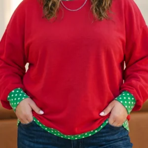 Racing Red Patchwork Polka Dot Round-Neck Sweatshirt – Plus Size