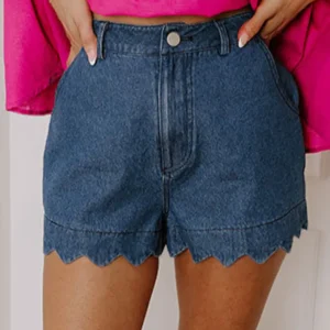 Sail Blue Scalloped Hem High-Waist Denim Shorts