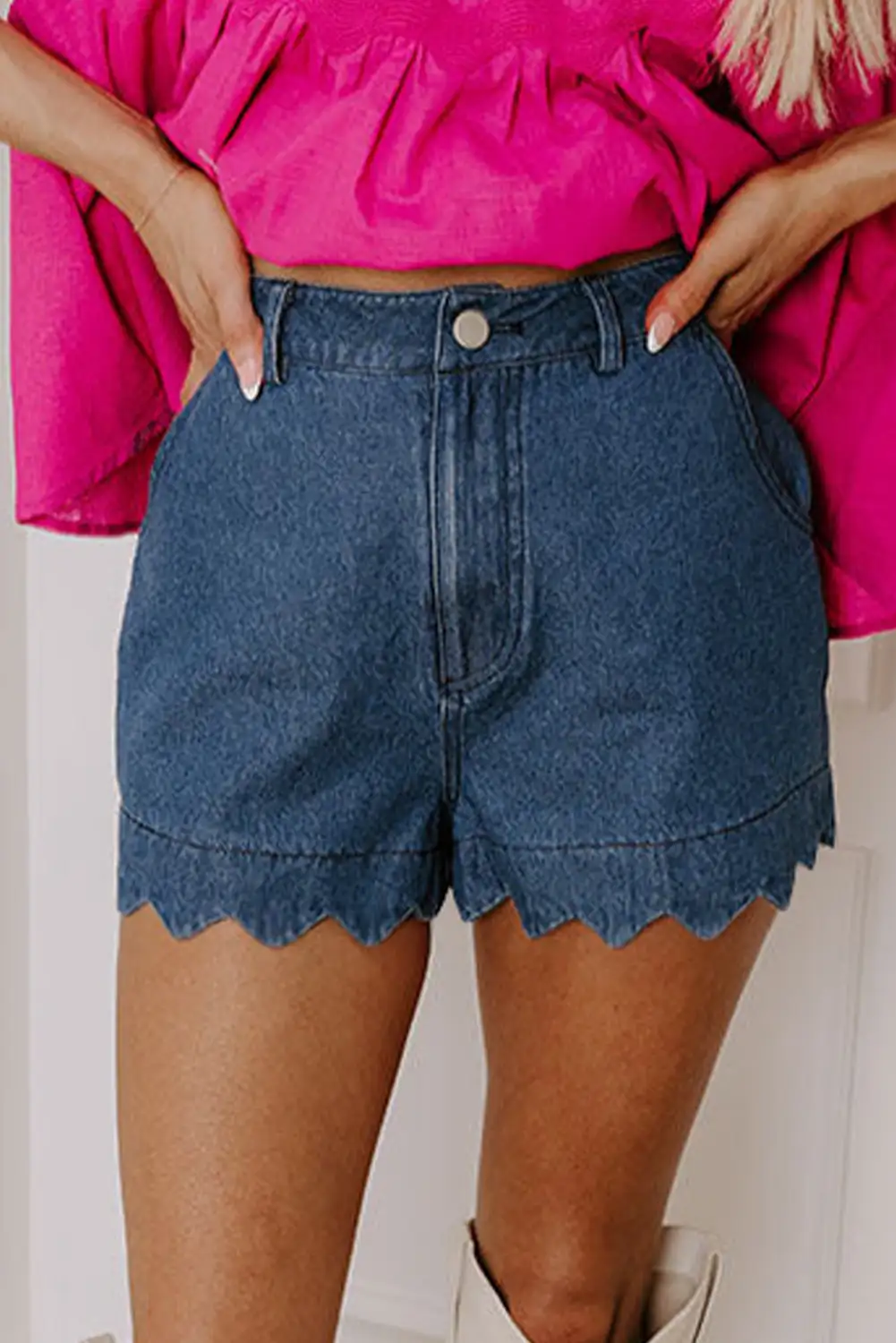 Sail Blue Scalloped Hem High-Waist Denim Shorts