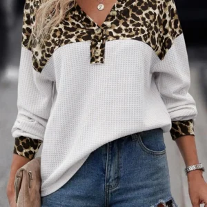 Trendy Leopard Print Waffle Knit V Neck Long Sleeve Top for Casual Fall Outfits