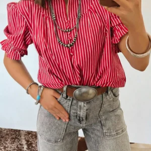 Red Stripe Puff-Sleeve Western Blouse with Button Front