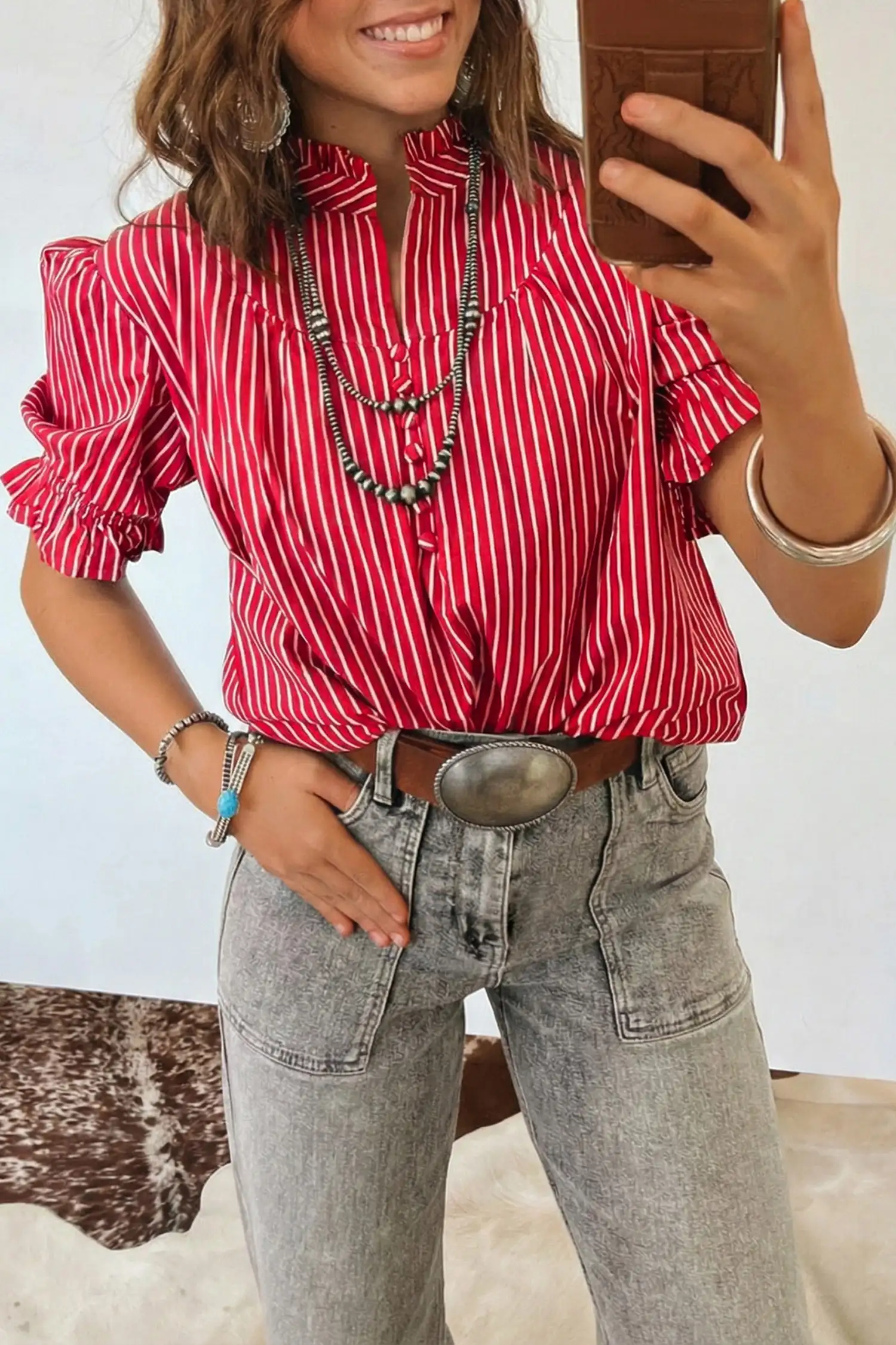 Red Stripe Puff-Sleeve Western Blouse with Button Front