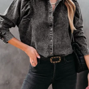 Chic Black Puff Sleeve Denim Jacket