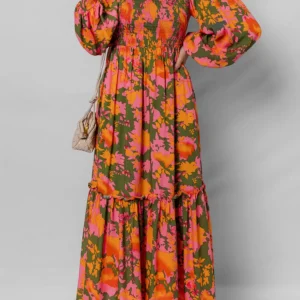 Orange Floral Puff Sleeve Smocked Bodice Long Dress with Ruffled Hem