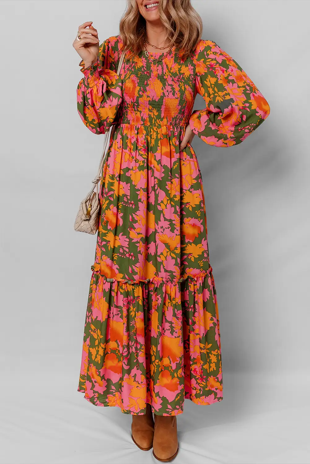 Orange Floral Puff Sleeve Smocked Bodice Long Dress with Ruffled Hem