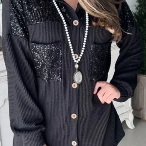 Black Sequin Patch Corded Shacket