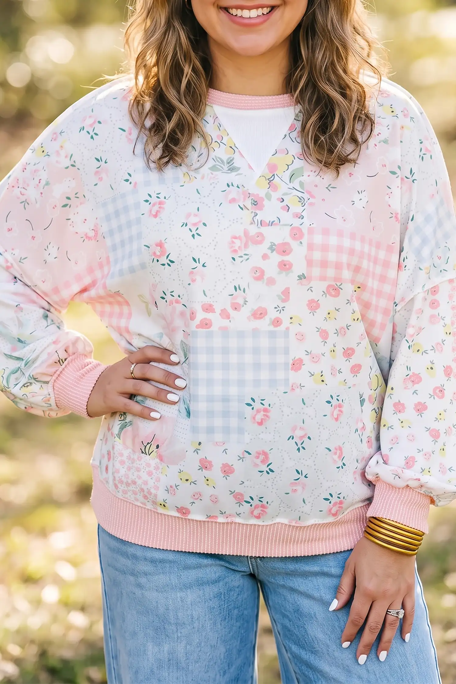Pink Patchwork Floral Long Sleeve Tunic – Plus Size Blouse
