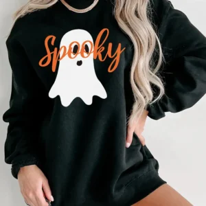 Spooky Ghost Print Crewneck Sweatshirt Perfect for Halloween Festivities and Fall Gatherings