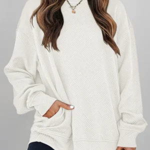 White Textured Round-Neck Drop-Shoulder Pullover Sweatshirt