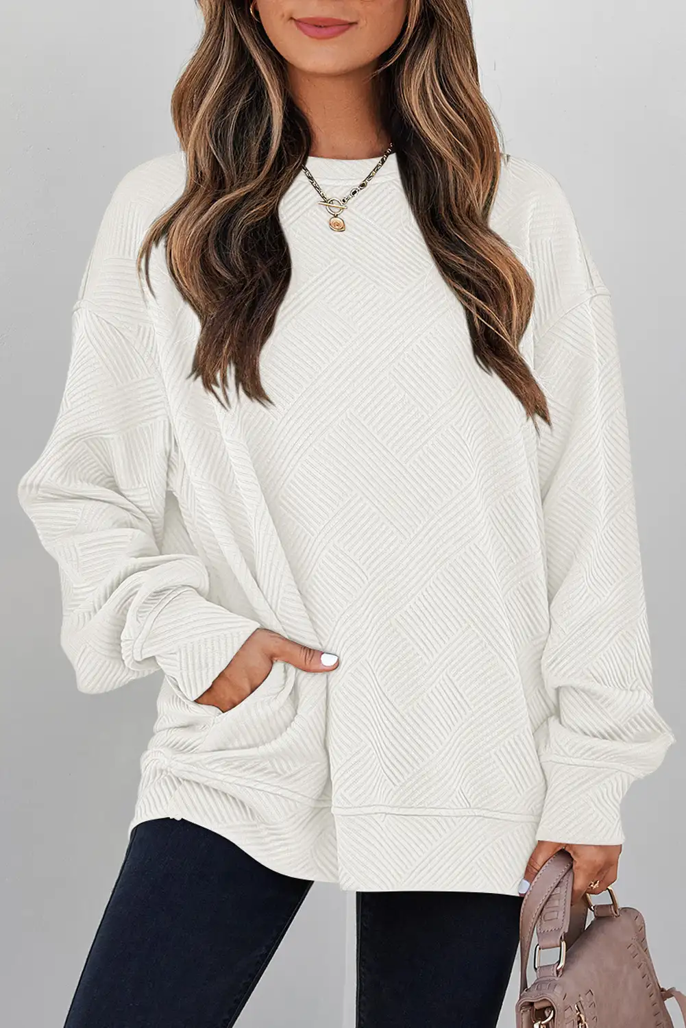 White Textured Round-Neck Drop-Shoulder Pullover Sweatshirt