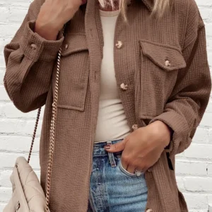 Chestnut Corduroy Button Up Shacket for Daily Casual Winter Wear Perfect for Layering and Staying Cozy