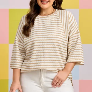 Apricot Stripe Plus-Size Textured Patchwork Top