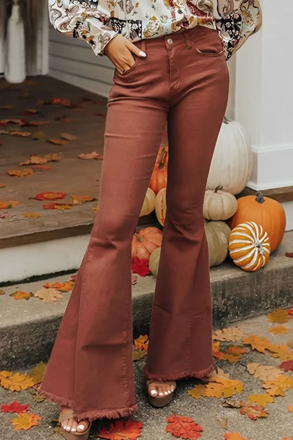 Elegant High Waist Raw Hem Flare Jeans in Orange