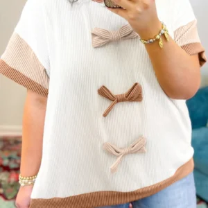 Apricot Bowknot Ribbed Top - Plus Size Colorblock