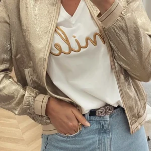 Shiny Pale Khaki Metallic Baseball Jacket for Casual Fall and Autumn Style Enthusiasts