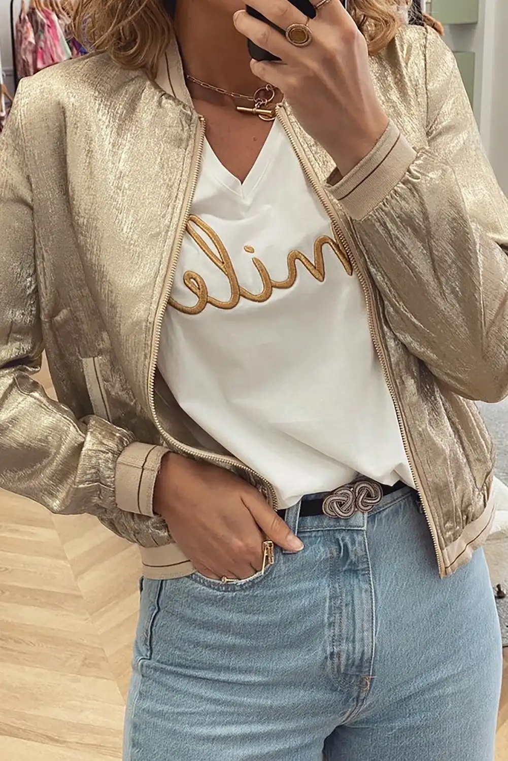 Shiny Pale Khaki Metallic Baseball Jacket
