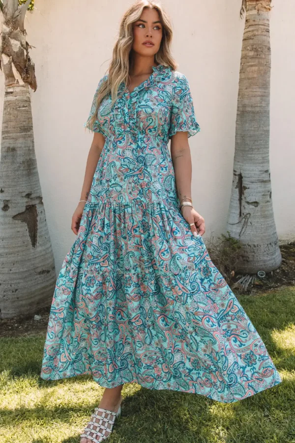 Boho Paisley Print Ruffle Maxi Dress