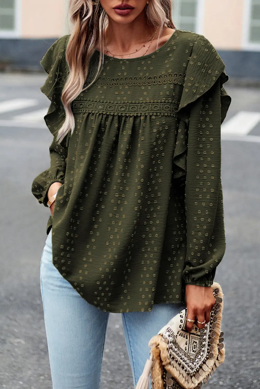Elegant Blackish Green Lace Butterfly Ruffle Blouse