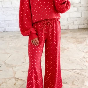Red Polka Dot Wide-Leg Two-Piece Set with Drawstring Pants