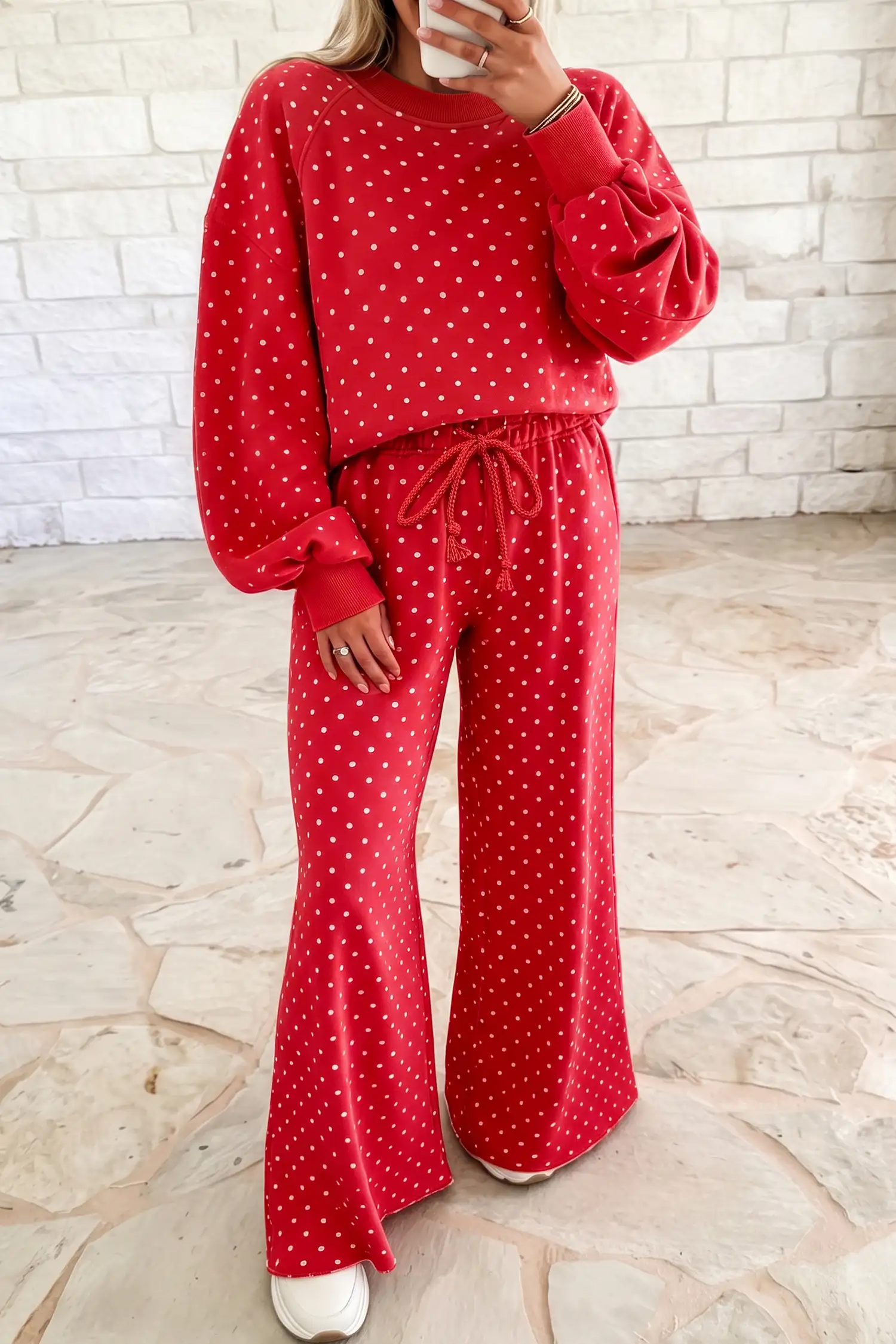 Red Polka Dot Wide-Leg Two-Piece Set with Drawstring Pants