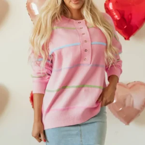 Pink Rainbow Stripes Drop-Shoulder Henley Sweater