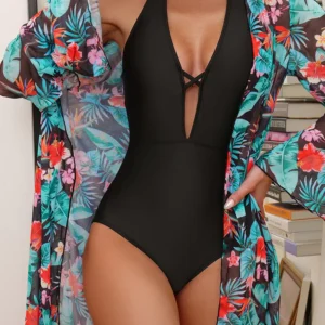 Floral Print Halter Neck Monokini Beach Cover Up in Solid Black for Summer Fun