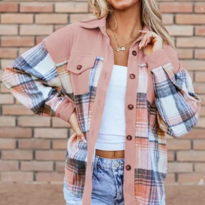 Light Pink Patchwork Plaid Corduroy Shacket