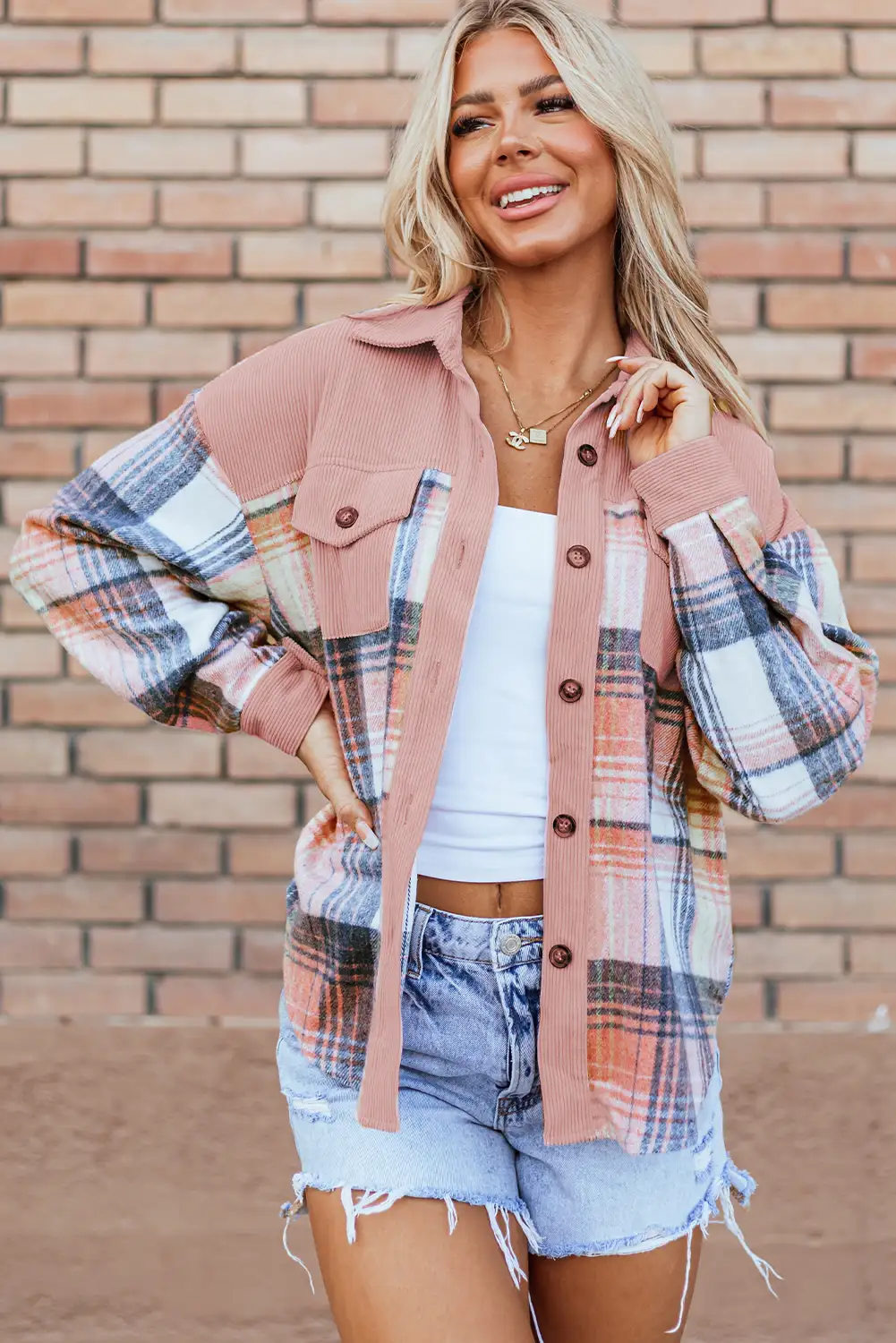 Light Pink Patchwork Plaid Corduroy Shacket