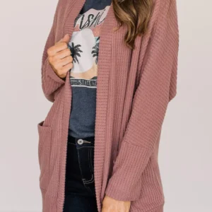 Cozy Mineral Red Waffle Knit Cardigan for Effortless Fall Casual Style