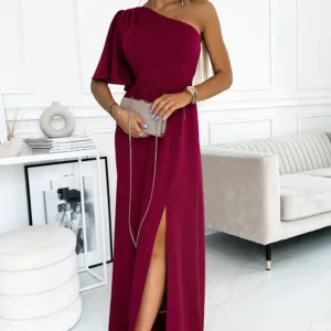 Rose One Shoulder Ruffle Sleeve Maxi Dress with Slit in Rosy