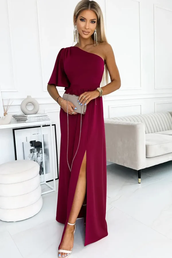 Rose One Shoulder Ruffle Sleeve Maxi Dress with Slit in Rosy