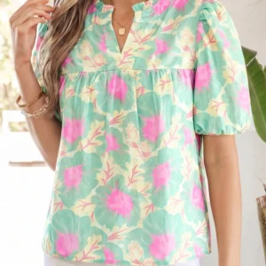 Green Floral Babydoll Blouse with Bubble Sleeves