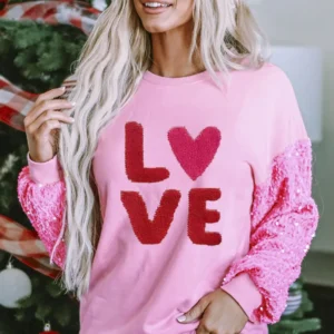 Chenille LOVE Sequin Sleeve Sweatshirt in Soft Pink Perfect for Valentine's Day and Cozy Fall Style for Southern Belle Fashion Enthusiasts